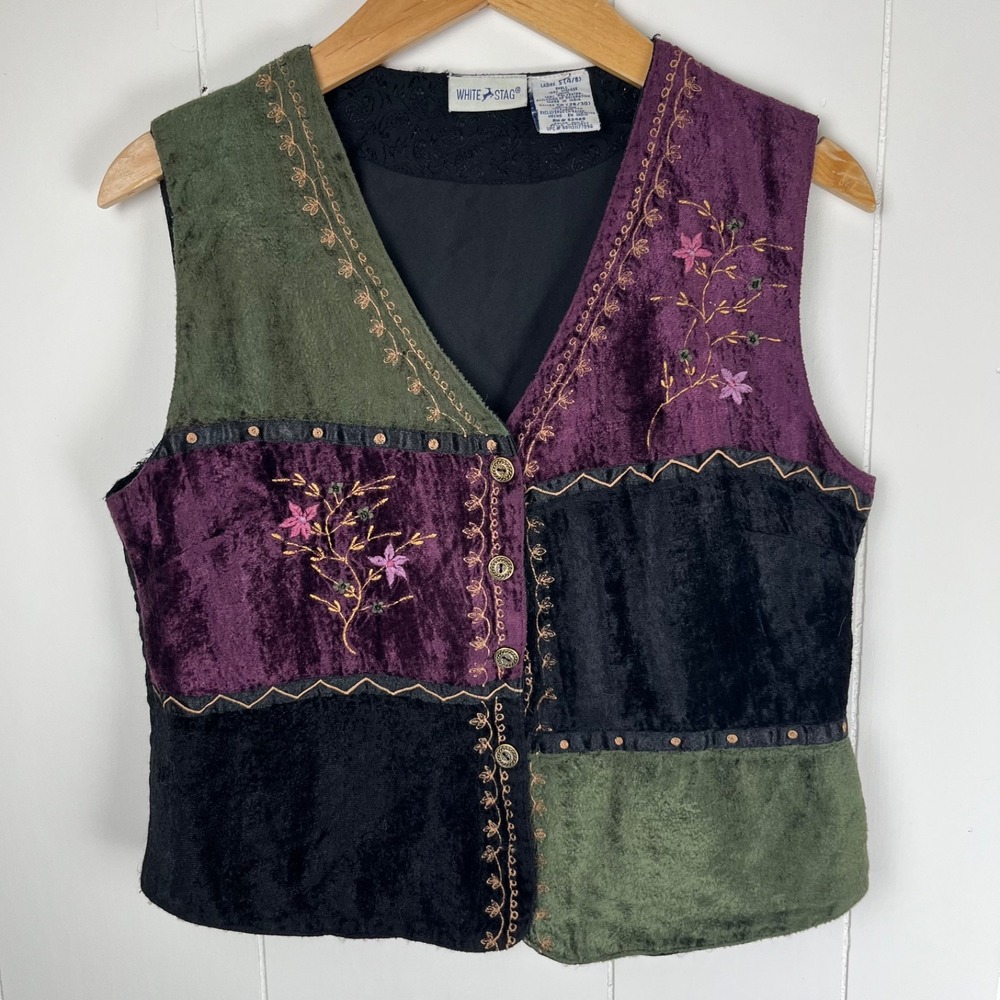 Vintage White Stag Patchwork Velvet Vest Small Embroidered Floral Green Purple
